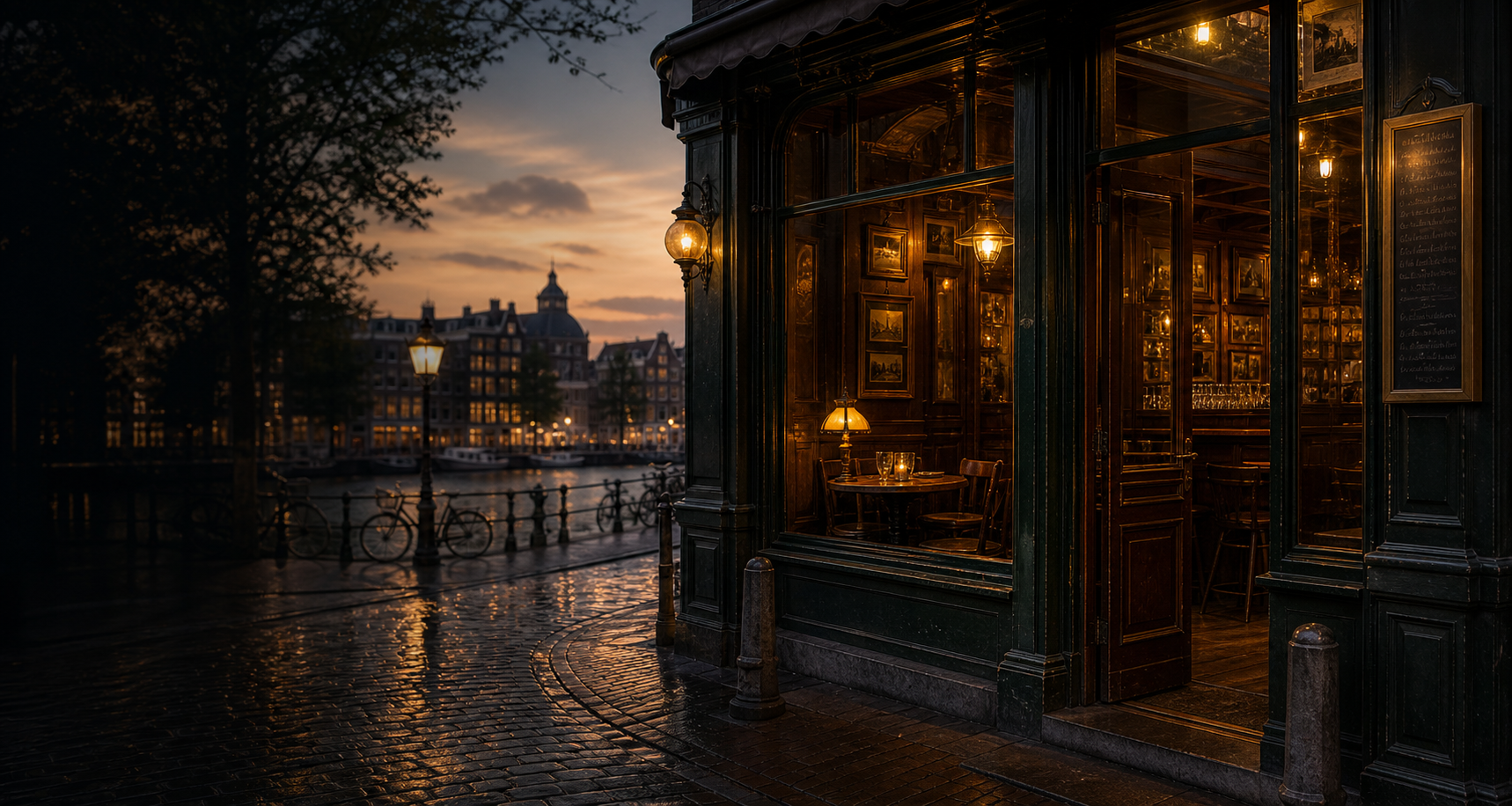 Historic Amsterdam cafe exterior glowing warmly at dusk